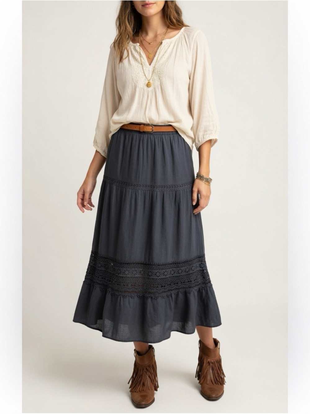 Women’s NavyTiered Lace-Hem Skirt